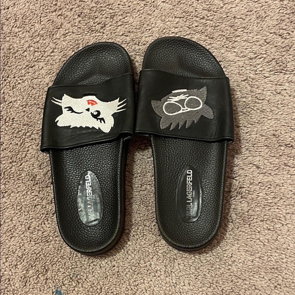 Karl Lagerfeld Black Embroidered Slide Sandals